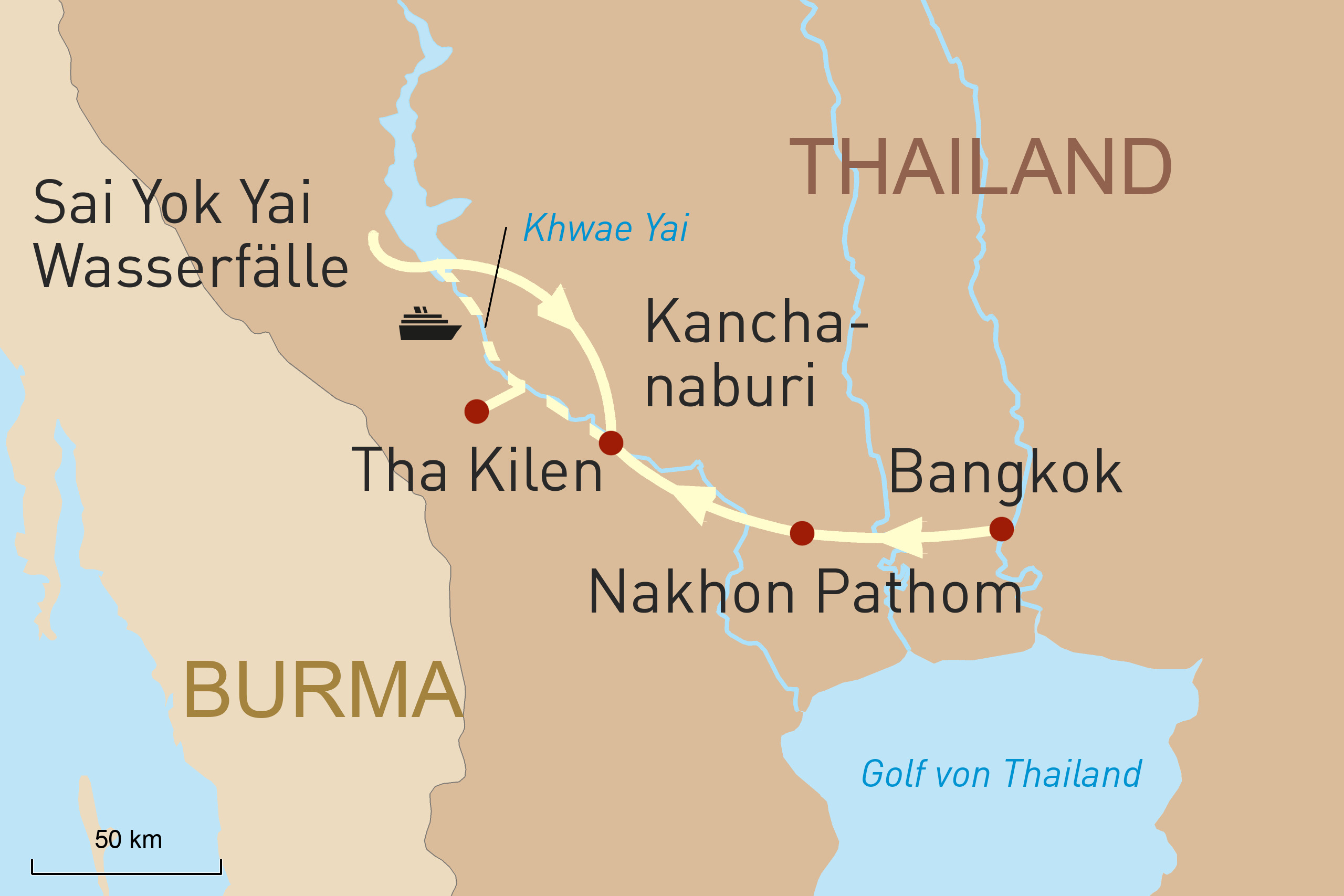 Reiseroute Flusskreuzfahrt auf dem River Kwai