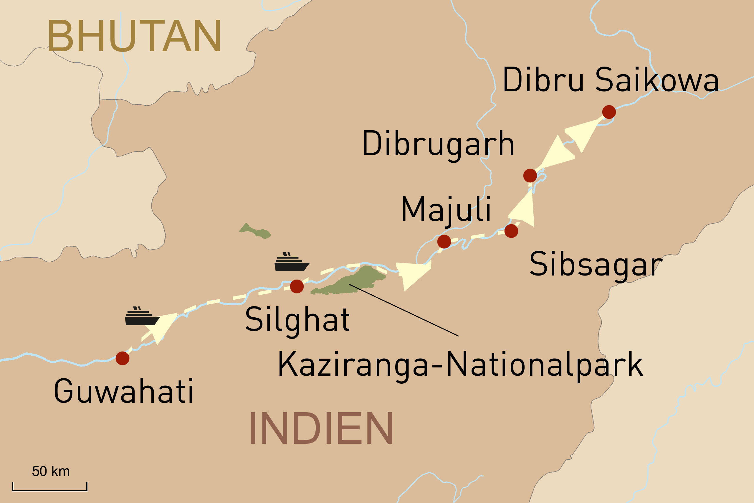 Karte: Magisches Assam Guwahati – Dibrugarh