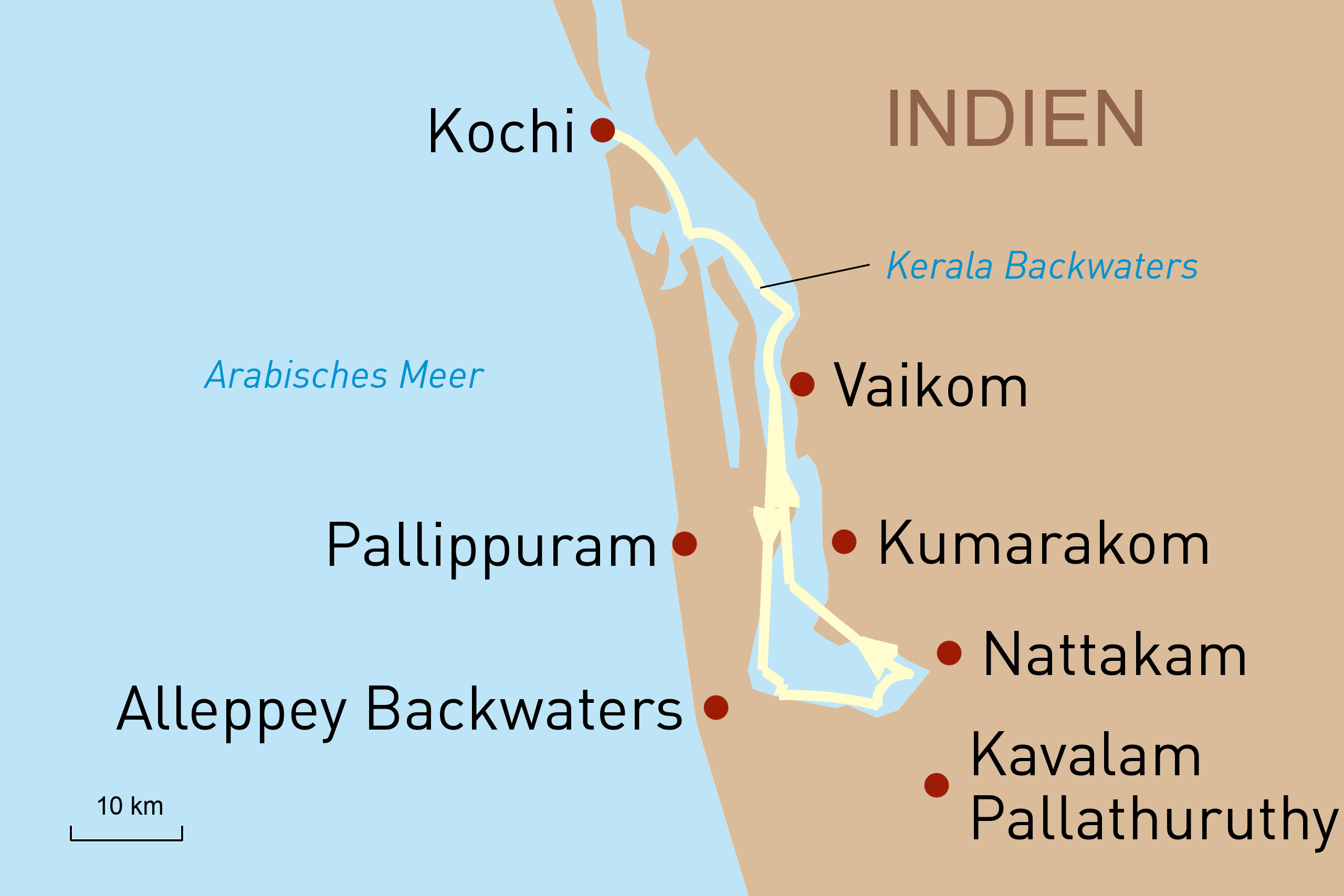 Kerala Backwaters - Reiseroute